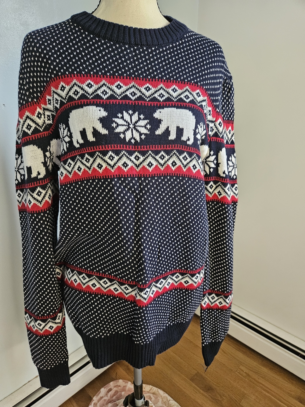 Men's Navy Crewneck Sweater with White Polar Bear Fair Isle Pattern
